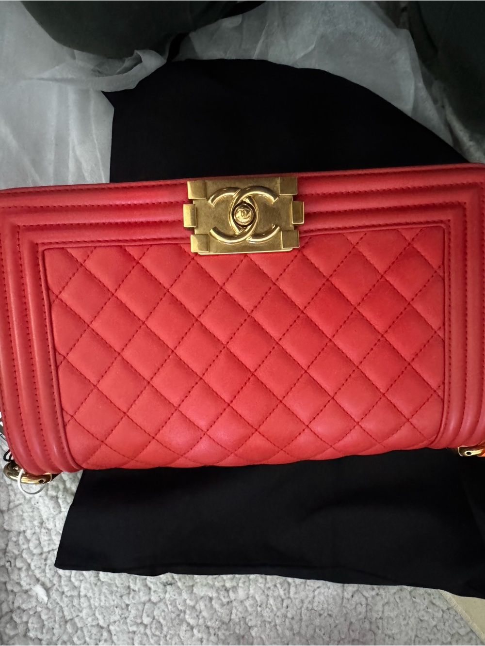 CHANEL Red Quilted Boy Shoulder Bag with Gold Hardware